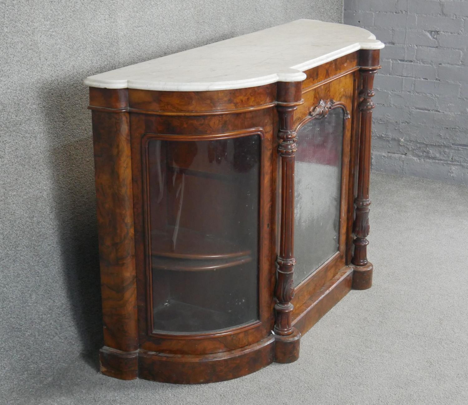 A Victorian burr walnut credenza with marble top and original plate glass. H90 W136 D48 - Image 4 of 4