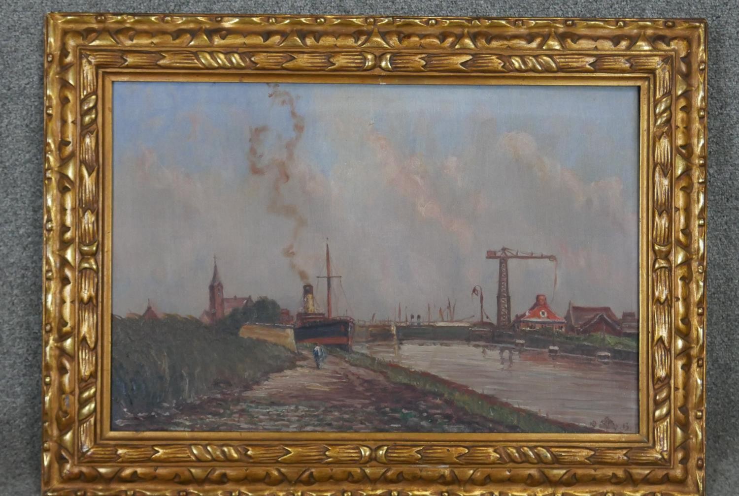 A gilt framed oil on canvas, Dutch port scene, signed Edouard de Block to the reverse. H.55 W.75