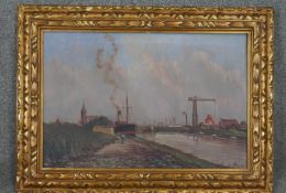 A gilt framed oil on canvas, Dutch port scene, signed Edouard de Block to the reverse. H.55 W.75