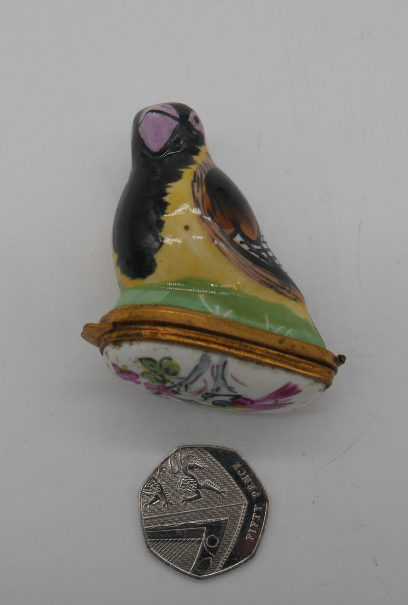A 19th century style enamel hand painted patch pot in the form of bird, the hinged lid decorated - Image 3 of 3