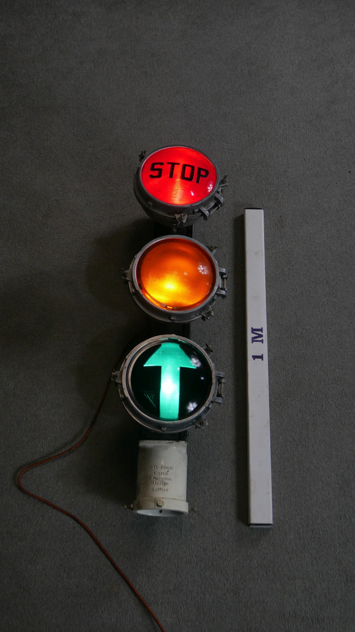 A set of vintage metal framed light up traffic lights with coloured glass fronts. Collar reads - Image 2 of 4