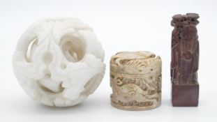 A collection of Oriental carved hardstone items. Including a 3 layered white marble dragon and