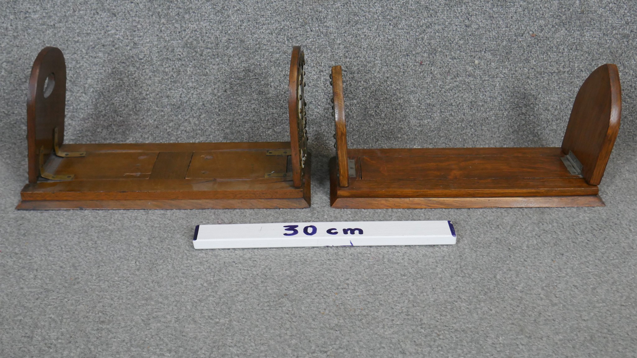 Two Victorian oak adjustable table top book slides (Both in need of some repair). - Image 2 of 3