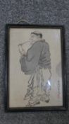 A framed and glazed Chinese watercolour, a man smoking, signed. H.21 W.15