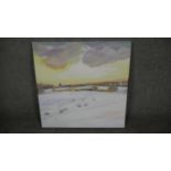 An oil on canvas of a snowy winter landscape. Unsigned. H.60 W.60cm