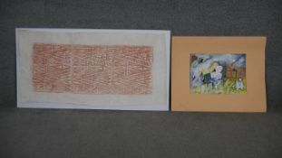 Two unframed watercolours, abstract geometric study and figures in a surreal setting. H.106 W.57cm