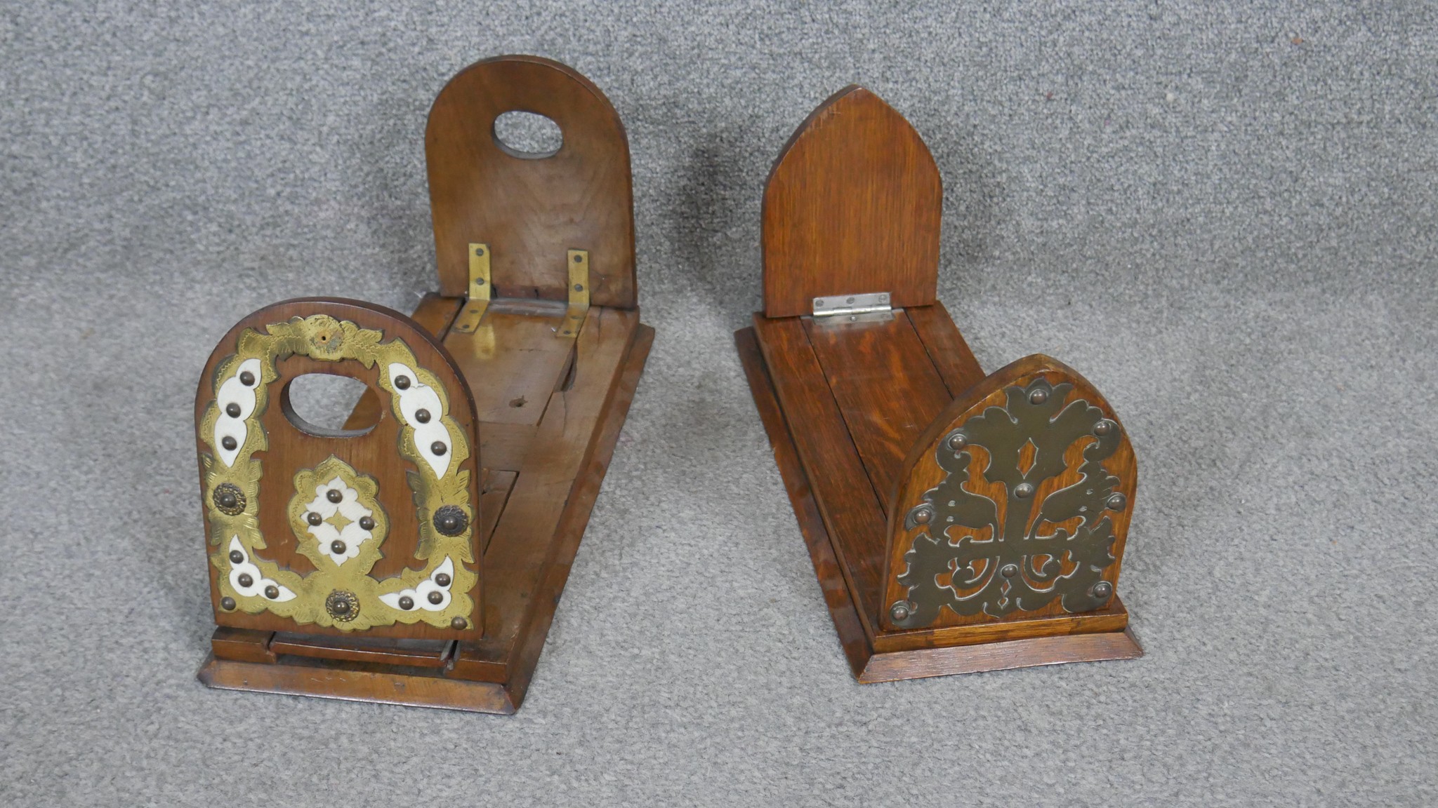 Two Victorian oak adjustable table top book slides (Both in need of some repair). - Image 3 of 3