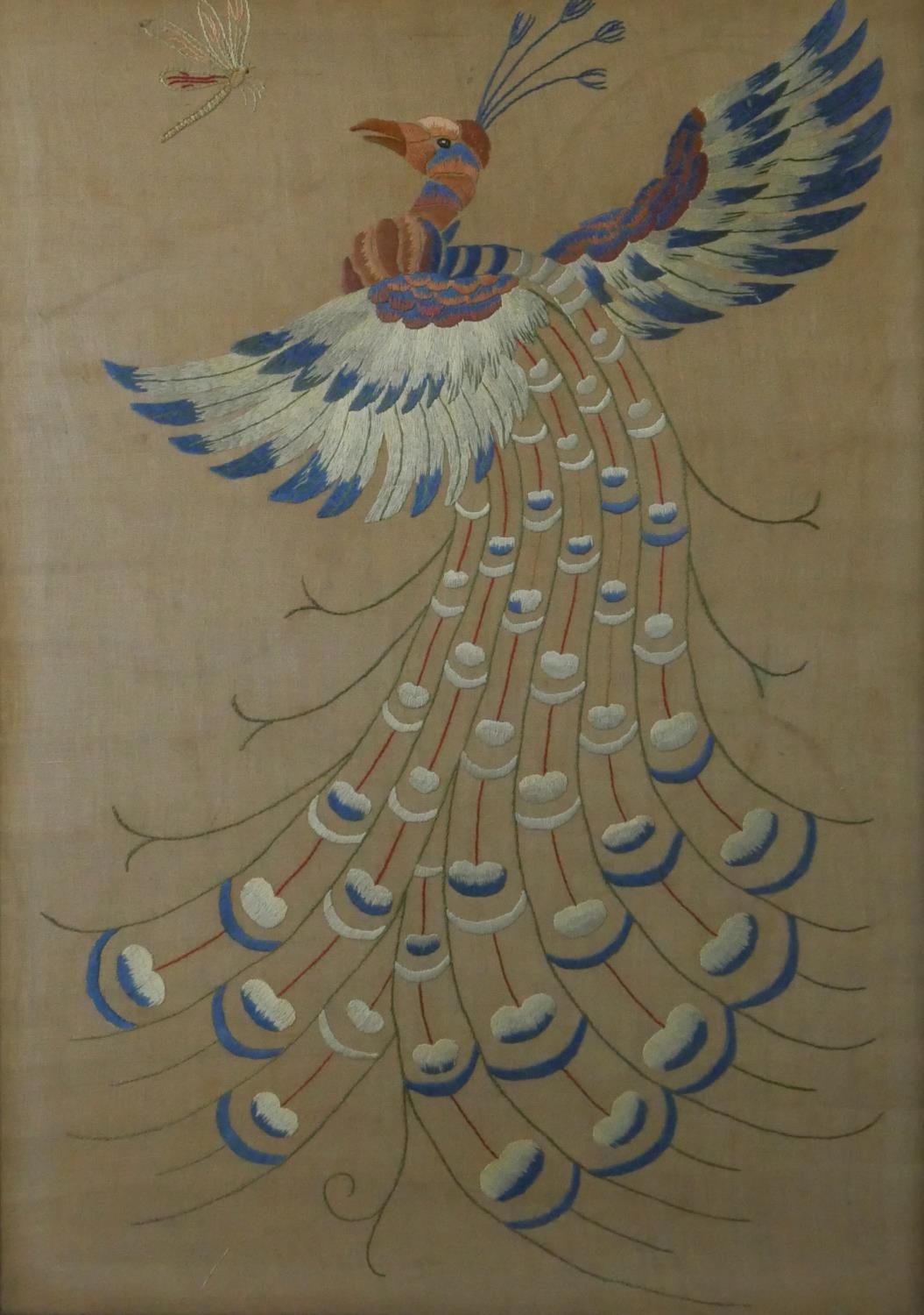 Three antique framed and glazed embroideries. Two Oriental silk embroideries, one of a peacock and - Image 4 of 5