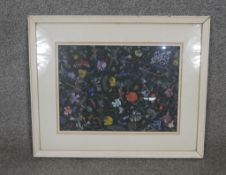 A framed and glazed watercolour design for wallpaper, wild flowers and insects against a midnight