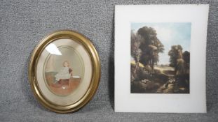 A gilt oval framed oleograph of a little girl on a chair and one unframed mezzotint of John