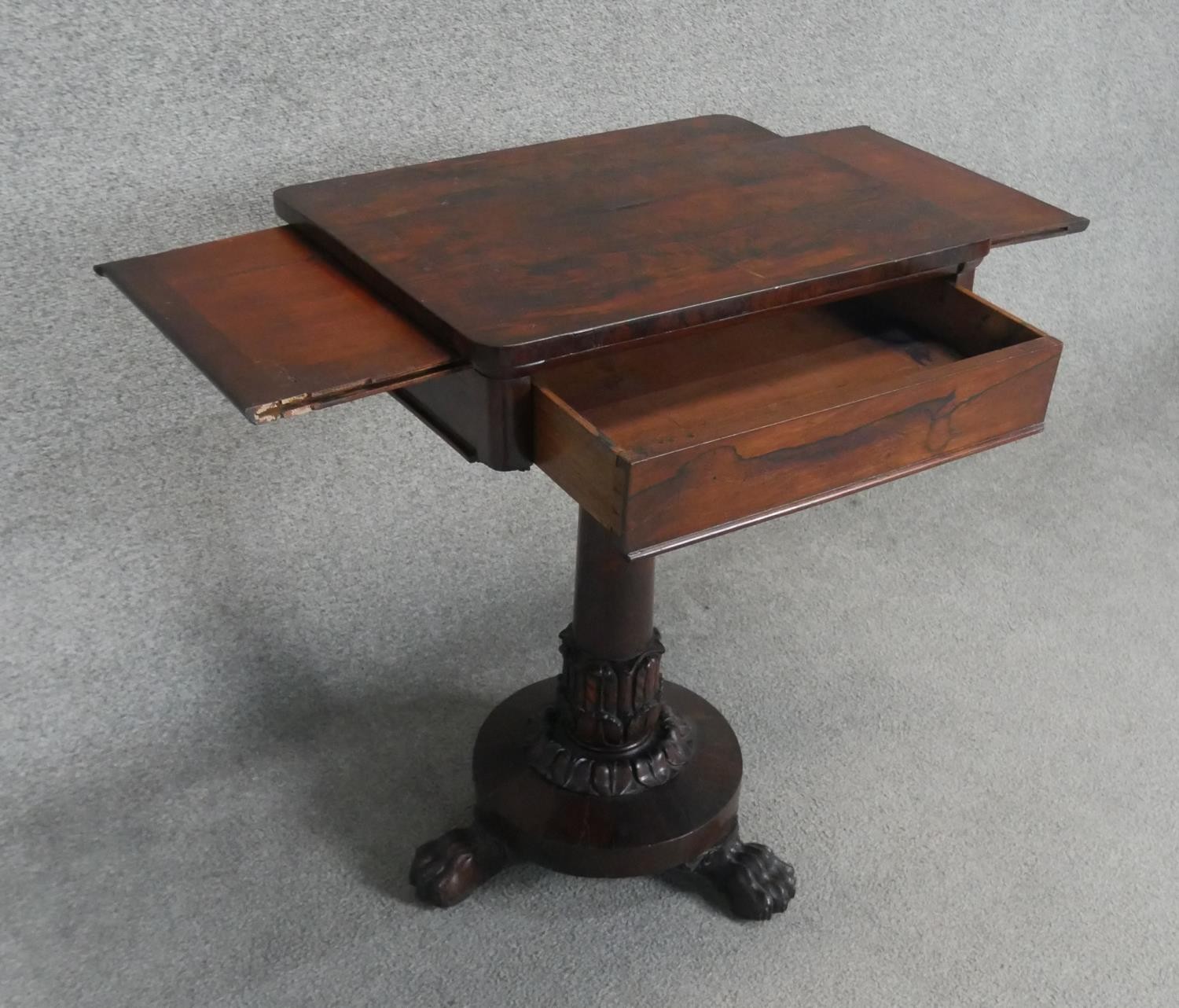 A William IV rosewood work table with twin pull out slides on acanthus carved pedestal base - Image 3 of 3