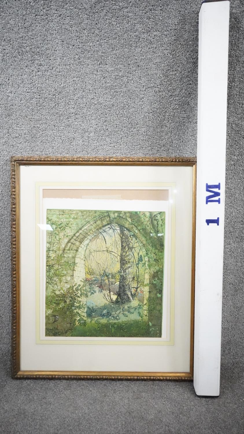 A framed and glazed lithograph of a garden with stone archway. Signed. (Mount slipped, signature - Image 4 of 5