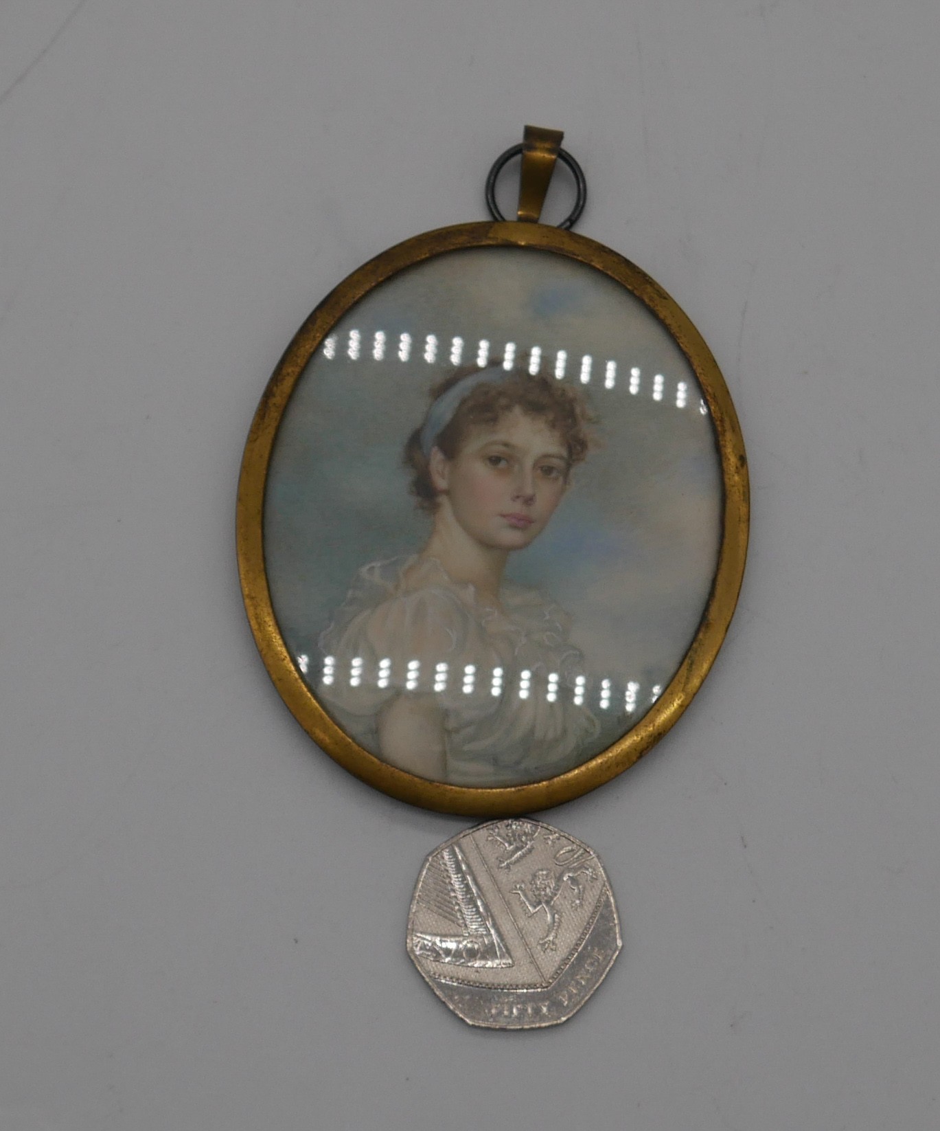 A framed and glazed oval potrait miniature of Beatrice J Hollway by Janet Hollway. Monogrammed JH - Image 3 of 3