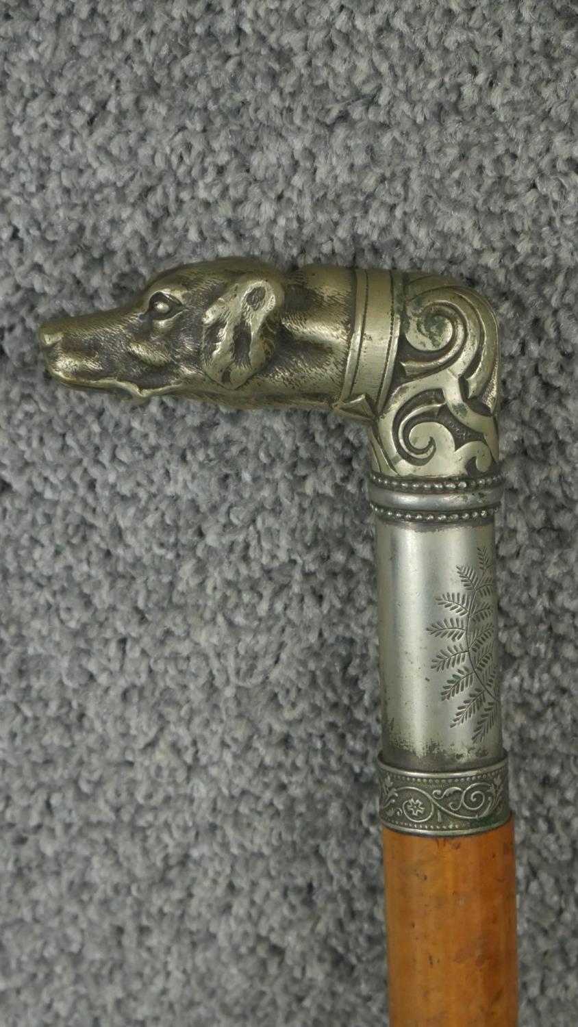 An antique silver plated walking cane with a dogs head finial and fern engraved white metal - Image 3 of 4