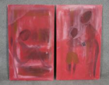 Two unframed oils on canvas, abstract figural compositions. h100 w60