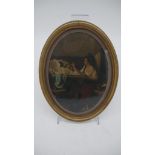 A gilt framed and glazed oil on board of a lady playing with a kitten as the mother watches on,