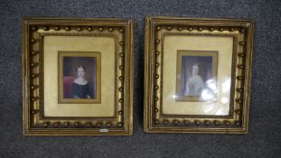 Two 19th century gilt carved framed and glazed portraits on ivory. Each one of a lady seated in best
