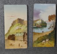 A pair of 19th century paintings on ceramic tile, Scottish scenes, one inscribed Edinbro' Castle.