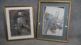 Two framed and glazed 19th century watercolours on paper. One of a harbour scene with sailing