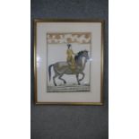 A 20th century framed and glazed Persian silk painting of a rider on horseback. H.66 W.53cm