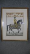 A 20th century framed and glazed Persian silk painting of a rider on horseback. H.66 W.53cm