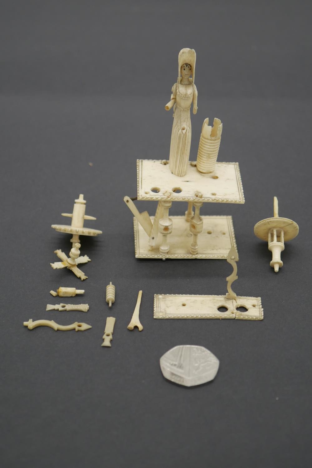A Napoleonic prisoner of war carved bone automaton of Spinning Jenny. Incomplete. - Image 2 of 4