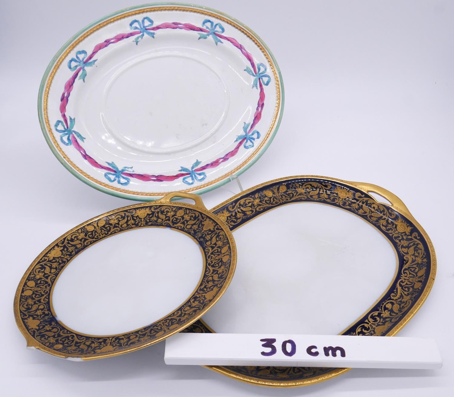 Two Minton porcelain royal blue and gilt stylised foliate design serving platters along with a - Image 9 of 9