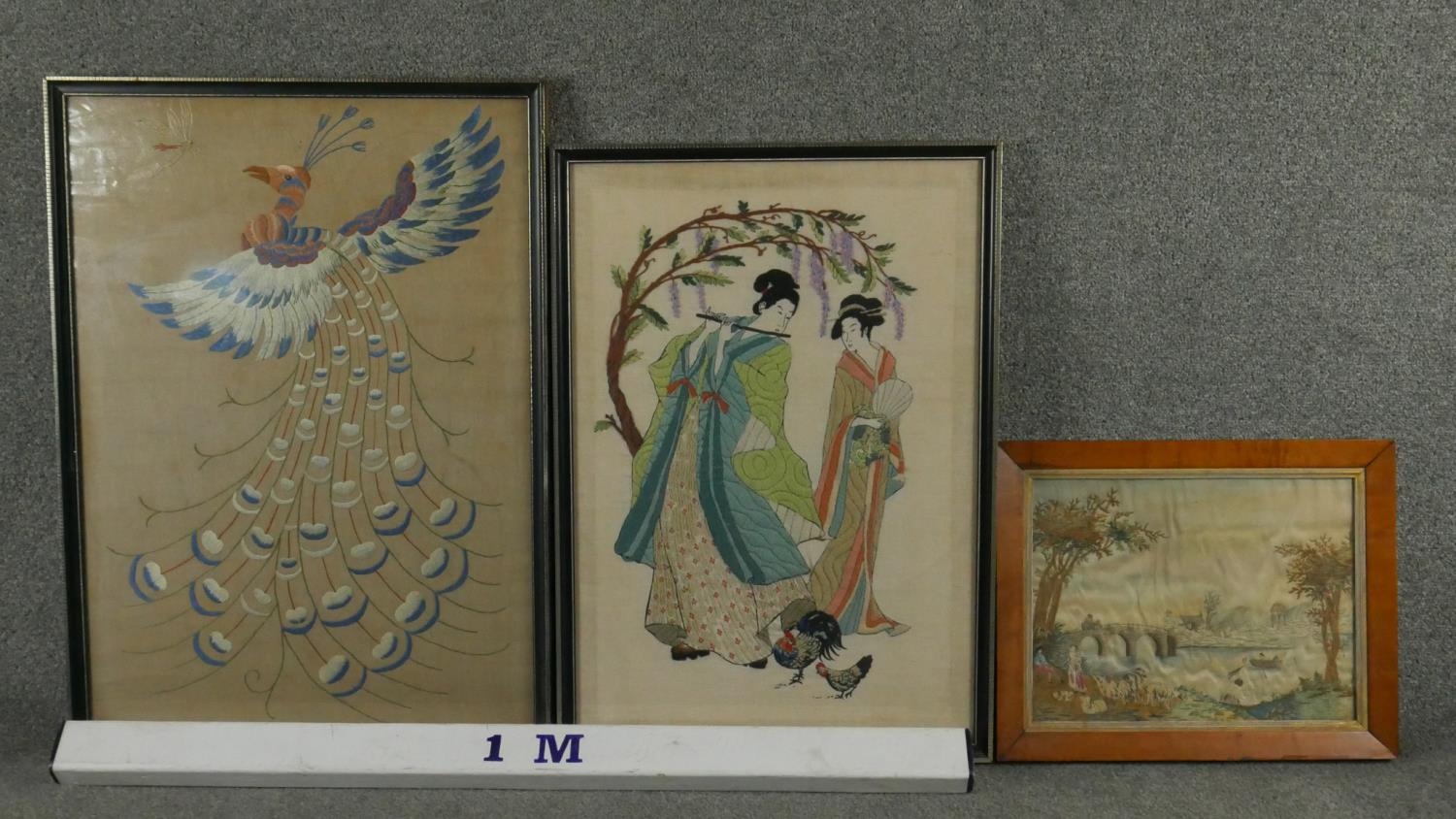 Three antique framed and glazed embroideries. Two Oriental silk embroideries, one of a peacock and - Image 5 of 5