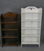 A late 19th century painted open bookcase and a similar oak example. H120 W54 D16 (Largest)