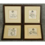 Four Victorian framed and glazed pencil and watercolour drawings on paper of a young female in