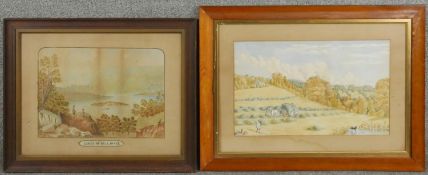 A 19th century naive style framed and glazed watercolour, Lakes of Killarney, monogrammed and