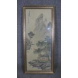 A framed and glazed vintage Chinese ink painting on paper of a mountain landscape with artists seal.