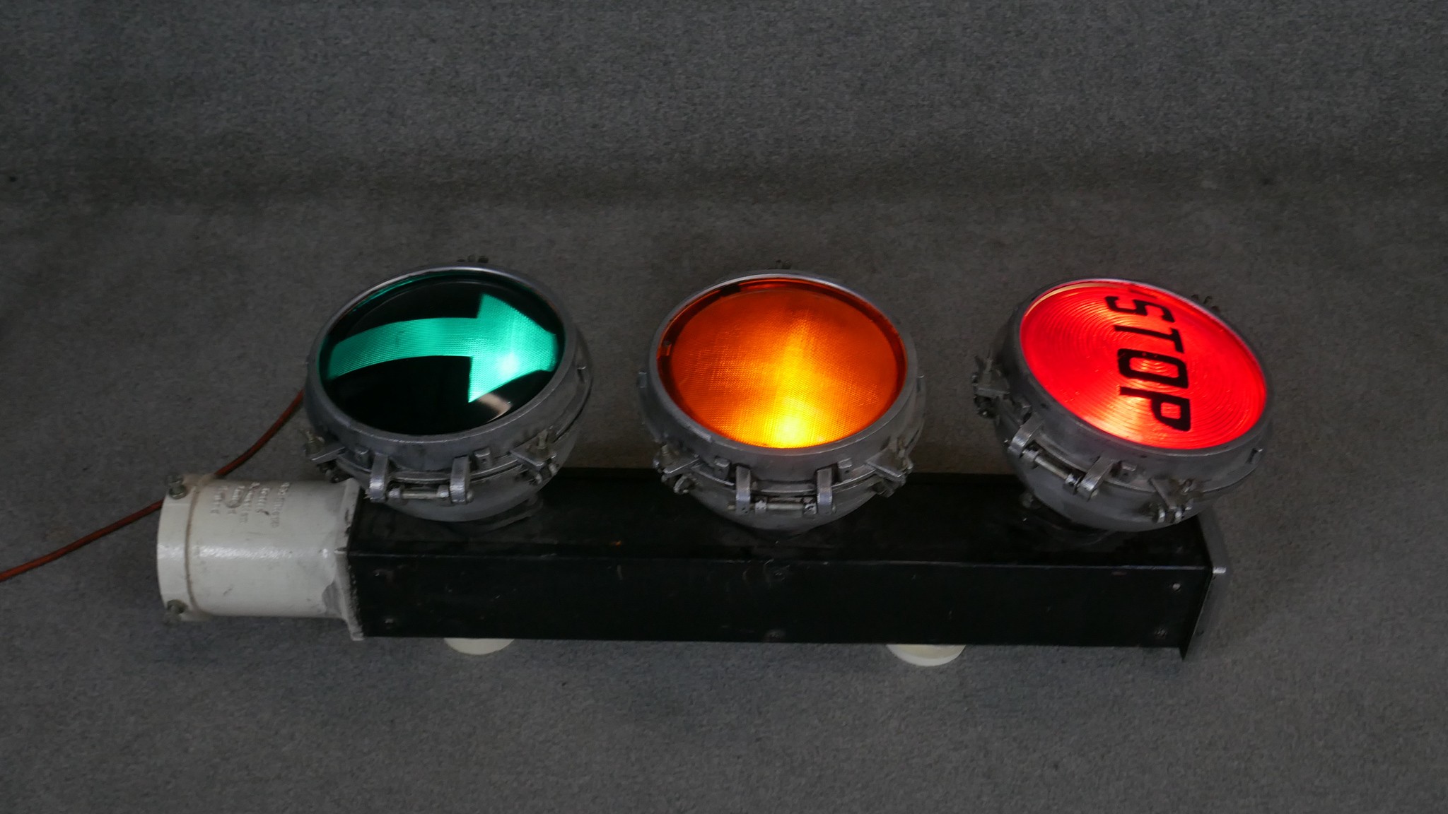 A set of vintage metal framed light up traffic lights with coloured glass fronts. Collar reads - Image 3 of 4