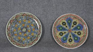 Two Islamic glazed chargers with abstract design. (Chip to one rim).