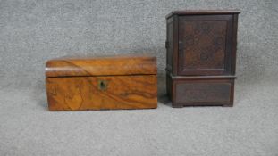 A Victorian figured walnut sewing box with brass inlay and an early 20th century marquetry inlaid