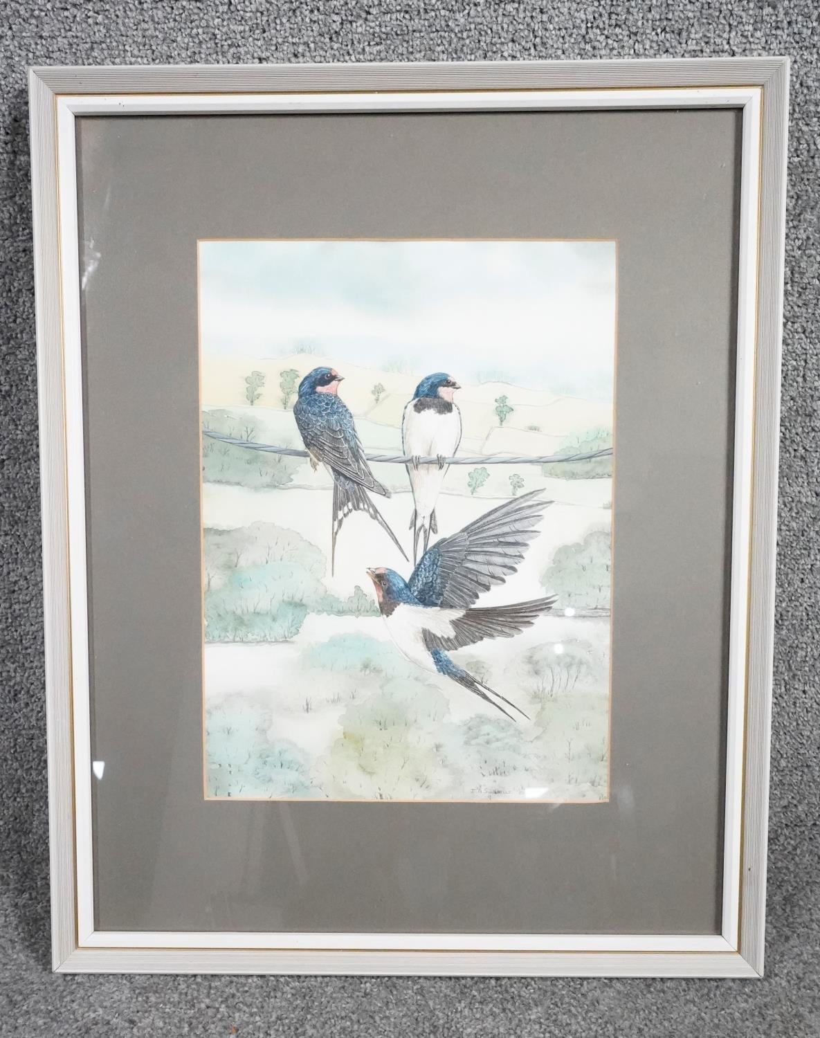 Two framed and glazed watercolours. One of a river with cows and one of swallows. H.46 W.66 - Image 3 of 8