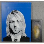 A stencil print, Kurt Cobain, signed to the back Sergio Clementz and dated 2018, and an abstract oil