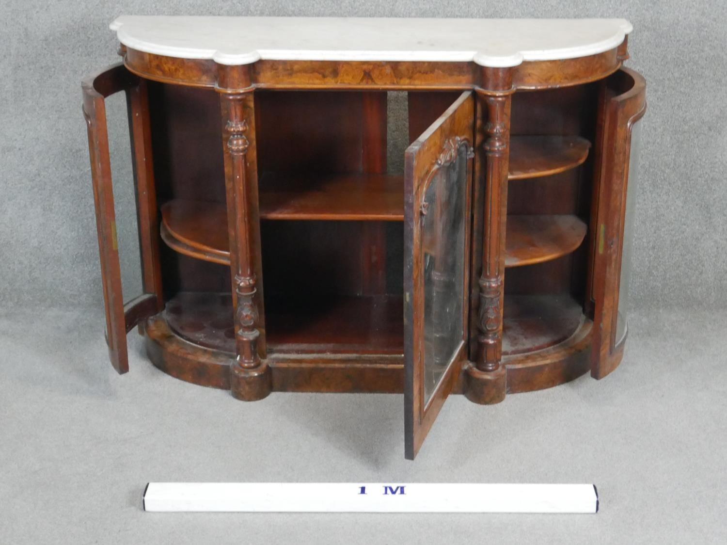 A Victorian burr walnut credenza with marble top and original plate glass. H90 W136 D48 - Image 2 of 4