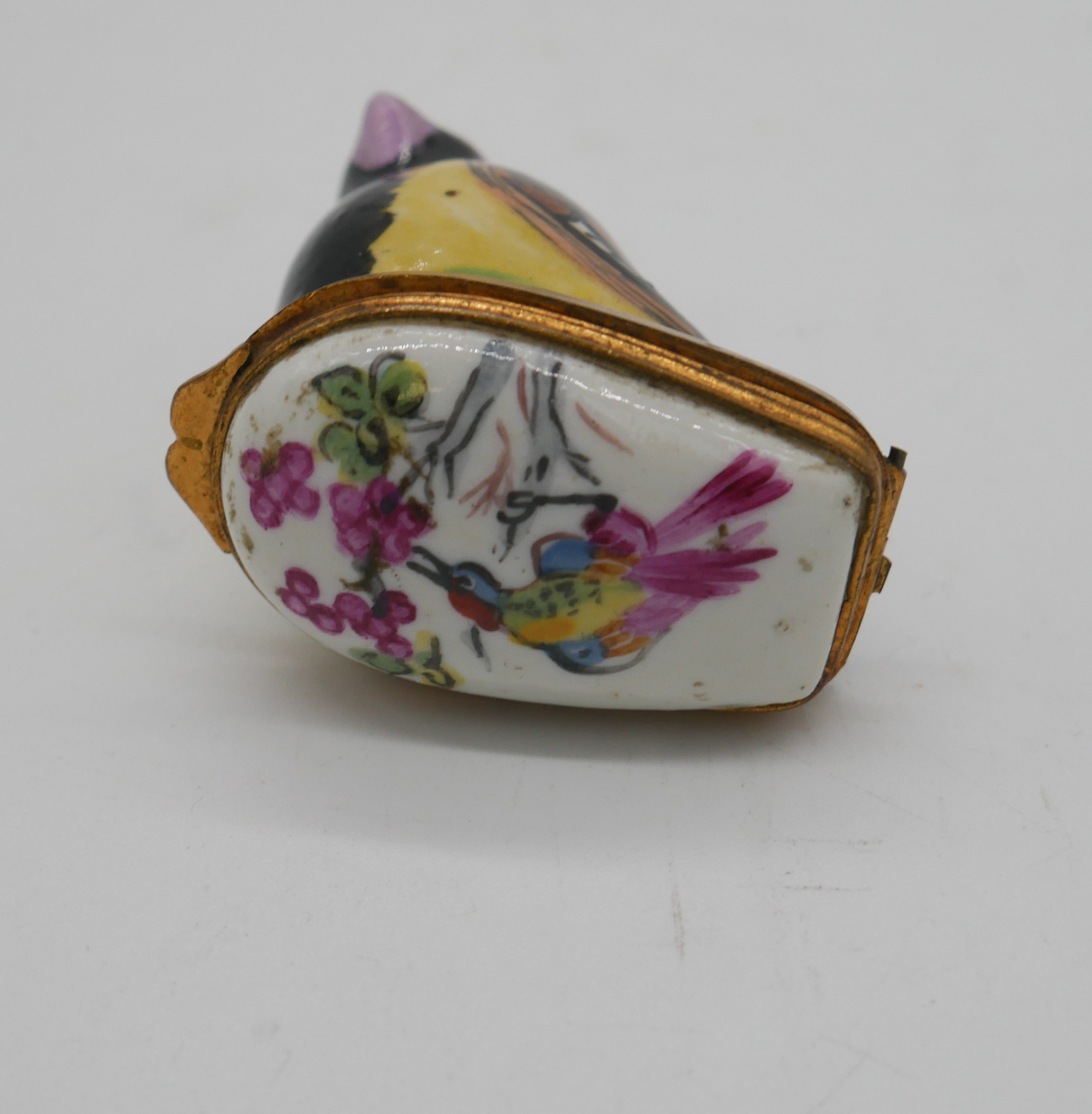 A 19th century style enamel hand painted patch pot in the form of bird, the hinged lid decorated - Image 2 of 3