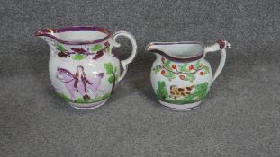 Two 19th century Sunderland ware jugs. One with a hunting scene and oak leaf motifs, the other