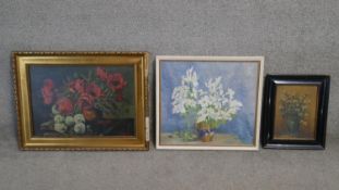 A collection of three framed oils on canvas. still life flowers, signed. H.49 W.62cm (Largest)