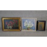 A collection of three framed oils on canvas. still life flowers, signed. H.49 W.62cm (Largest)