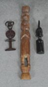 Three carved wooden tribal figures, two possibly fertility figures. H.75cm