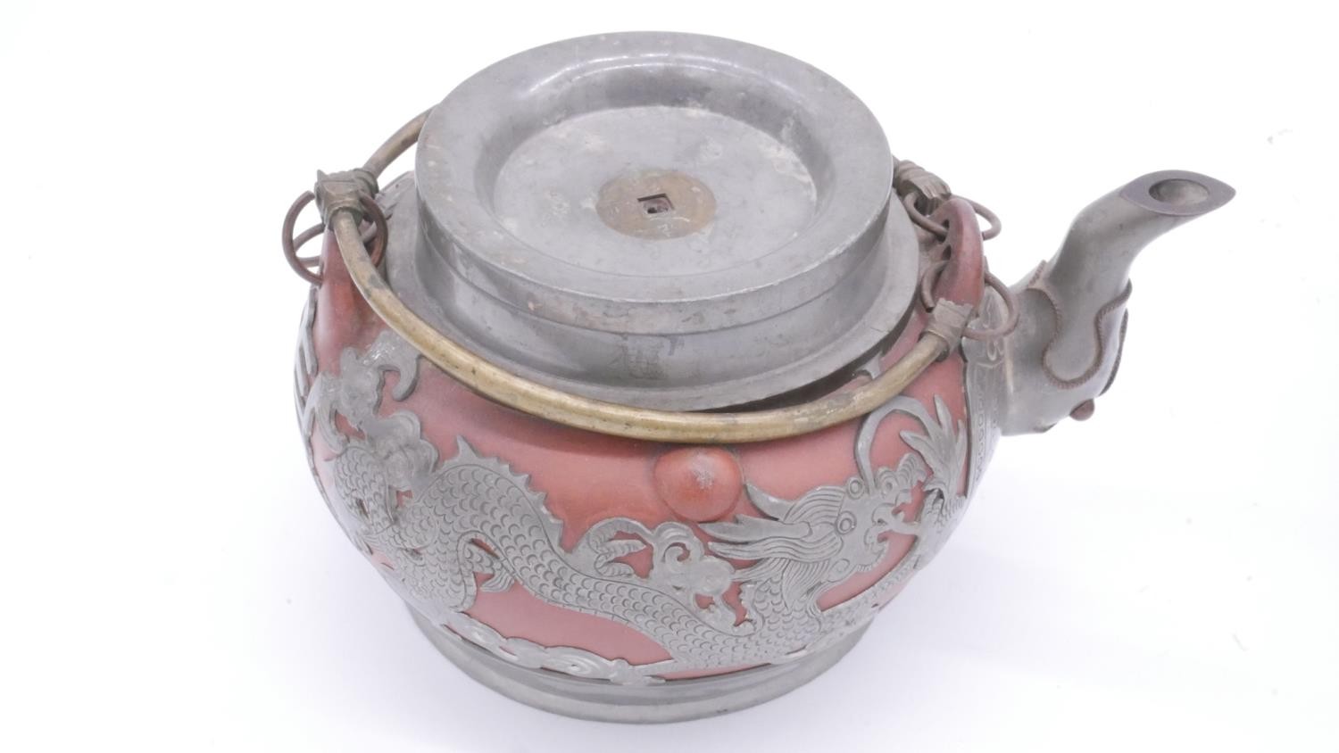 Two Chinese vintage Yixing pottery tea pots with pewter dragon pierced overlays. One with black - Image 3 of 6