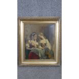 A gilt gesso framed oil on board of two early 19th century ladies contemplating matters. Unsigned.