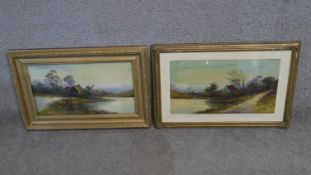 Two framed oil lanscapes, one on board and one on canvas, one glazed. Unsigned. H.40 W.59cm
