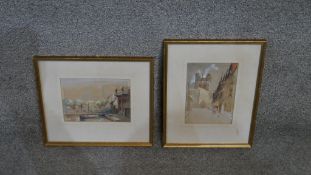 Two framed and glazed watercolours. One of a seaside town and a town street scene. Unsigned. H.30