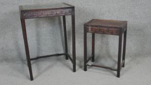 A C.1900 Chinese hardwood lamp table along with a smaller example. H.70 W.49 D.35cm (Largest)