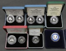 Six sets of Royal Mint silver proof coins. Including two cased sets of piedfort silver proof cased