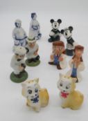 Five pairs of vintage novelty hand painted ceramic salt and pepper shakers. Incuding Tetley Tea